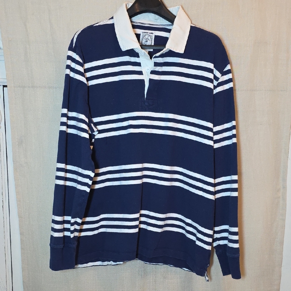 Lands' End Classic Navy and White Rugby Polo